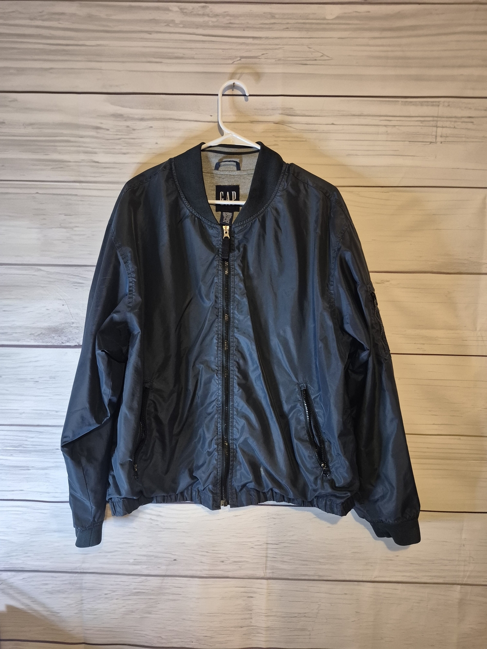 GAP Men's Dark Navy Bomber Jacket MA-1 Style Ribbed Collar Zipper Pockets Large